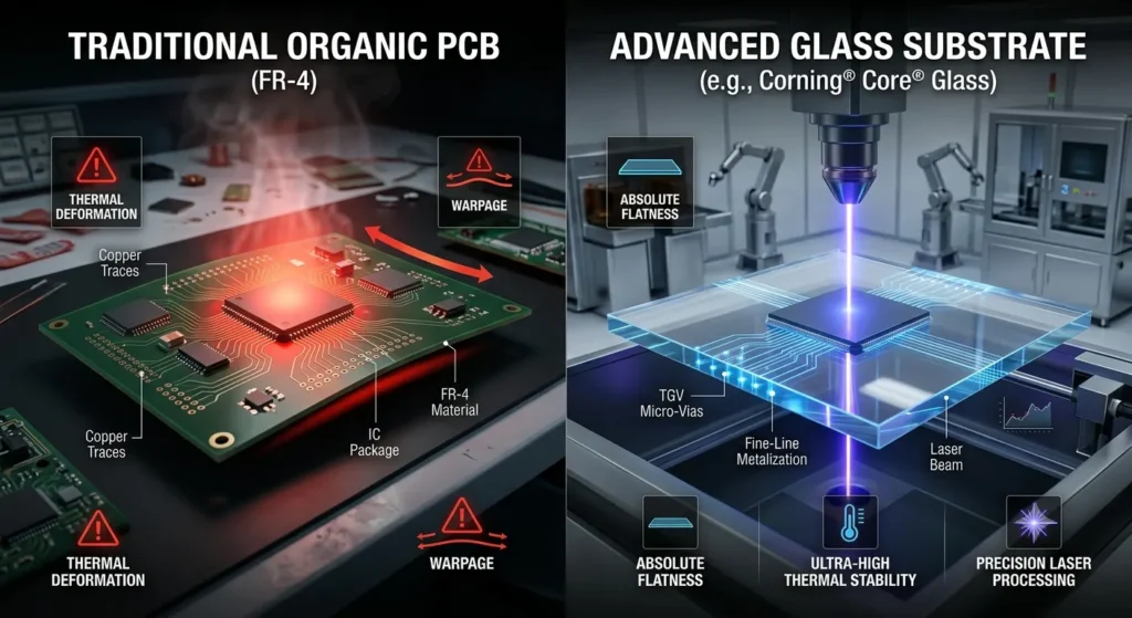 전통적 유기 기판(PCB)과 차세대 유리 기판(Glass Substrate)의 물리적 특성 및 공정 비교