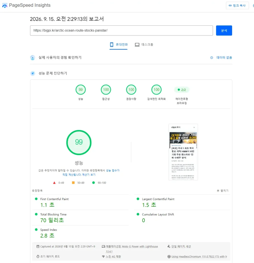 워드프레스 LCP 최적화를 완료한 후 PageSpeed Insights에서 성능 99점과 LCP 1.5초를 달성한 결과 화면