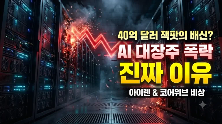 AI 서버실에 붉은색 주가 하락 화살표가 내리꽂히며 파편이 튀는 모습. 40억 달러 수주에도 아이렌 주가와 코어위브 주가가 폭락한 진짜 이유를 분석한 썸네일 이미지.