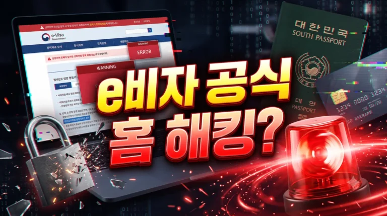 인도네시아 e비자 결제 피싱 사기를 경고하는 썸네일 이미지. 화면 중앙에 'e비자 공식 홈 해킹?'이라는 입체적인 텍스트가 있으며, 주변에 대한민국 여권, 신용카드, 깨진 자물쇠, 빨간색 경광등이 배치되어 보안 사고의 위험성을 직관적으로 보여줍니다.